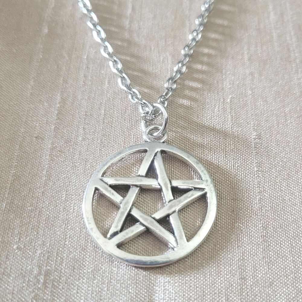 Pentagram silver tone pendant necklace
